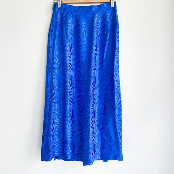 Vintage Bright BLue SILK Embossed Pleated Midi Skirt S - Picture 6 of 7